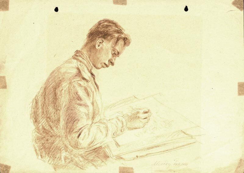 Наговицын Н.Г. (1918&ndash;1991). Между боями. Гв.&nbsp;солдат Беляев (оперативный отдел 1&nbsp;гвардейской танковой армии) за&nbsp;фронтовым рисунком после наступательной операции. 1941